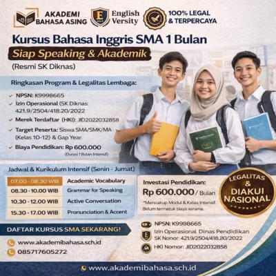 Kursus Bahasa Inggris SMA 1 Bulan Siap Speaking Akademik Resmi SK Diknas