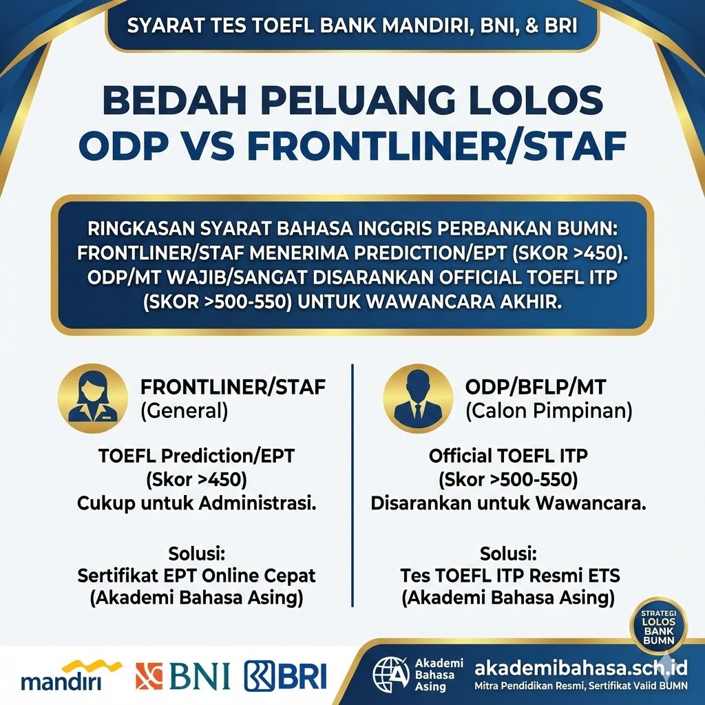 Syarat TOEFL ODP vs Staff Bank BUMN (Mandiri, BNI, BRI) Akademi Bahasa Syarat Toefl Odp Vs Staff Bank Bumn Mandiri Bni Bri